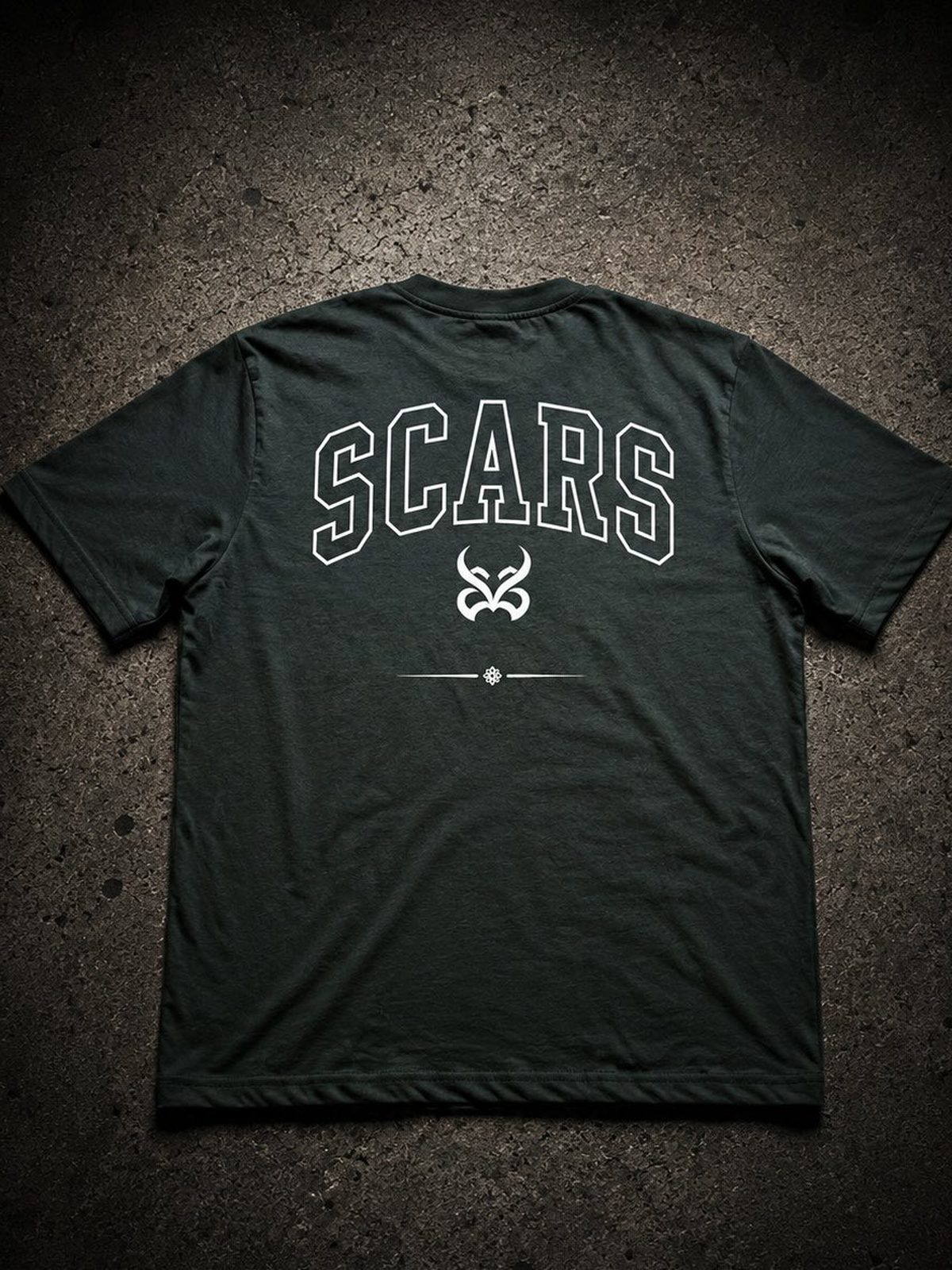 SCARS Crest Tee forest green — back with arched SCARS wordmark and emblem