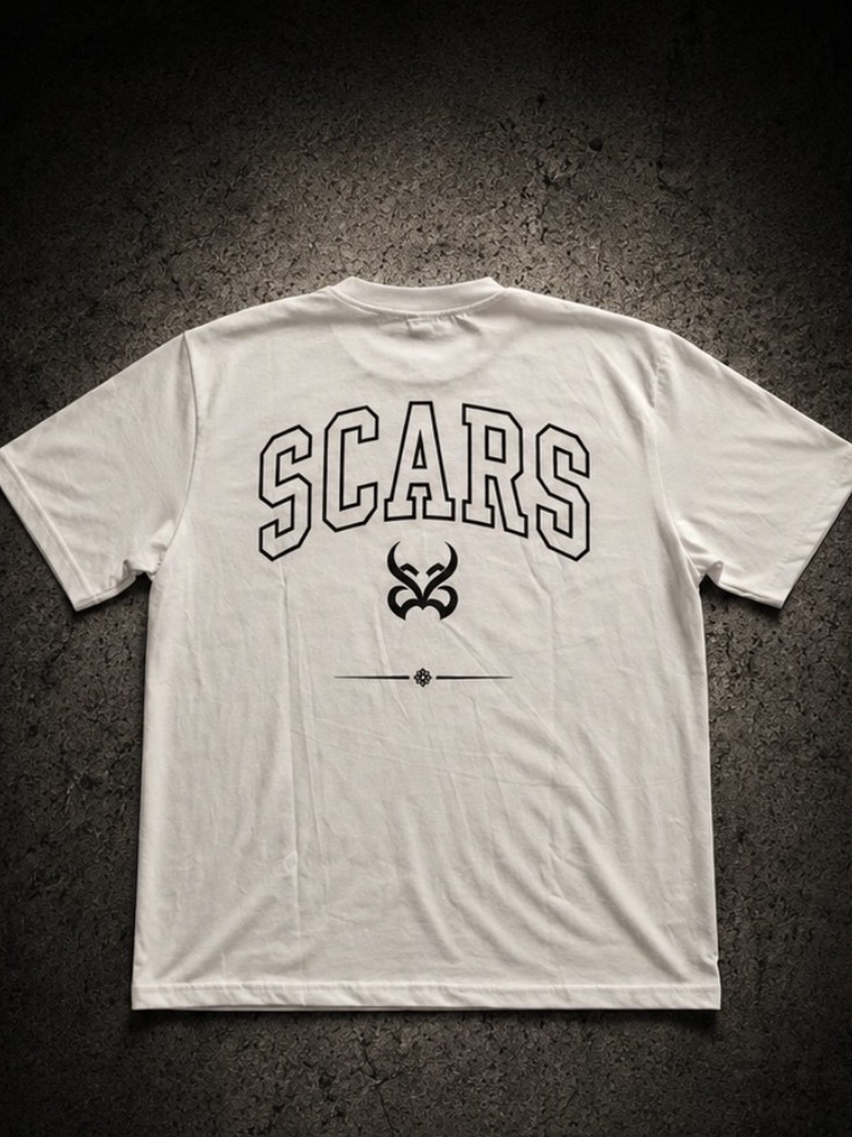SCARS Crest Tee white — back with arched SCARS wordmark and emblem