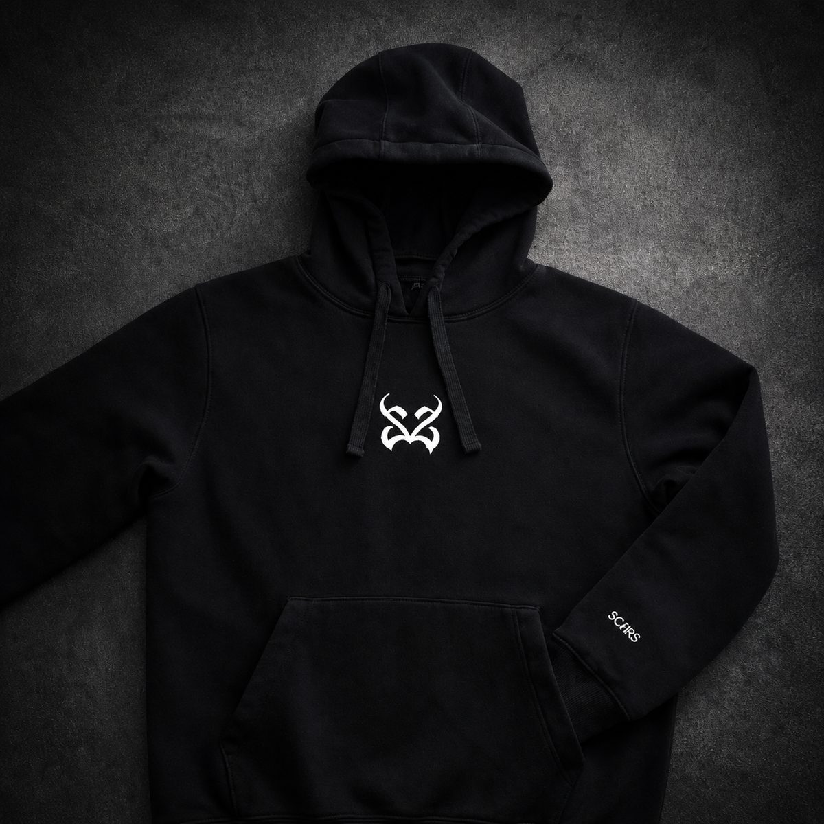 SCARS Emblem Hoodie in black — white emblem print, heavyweight streetwear hoodie from Athens