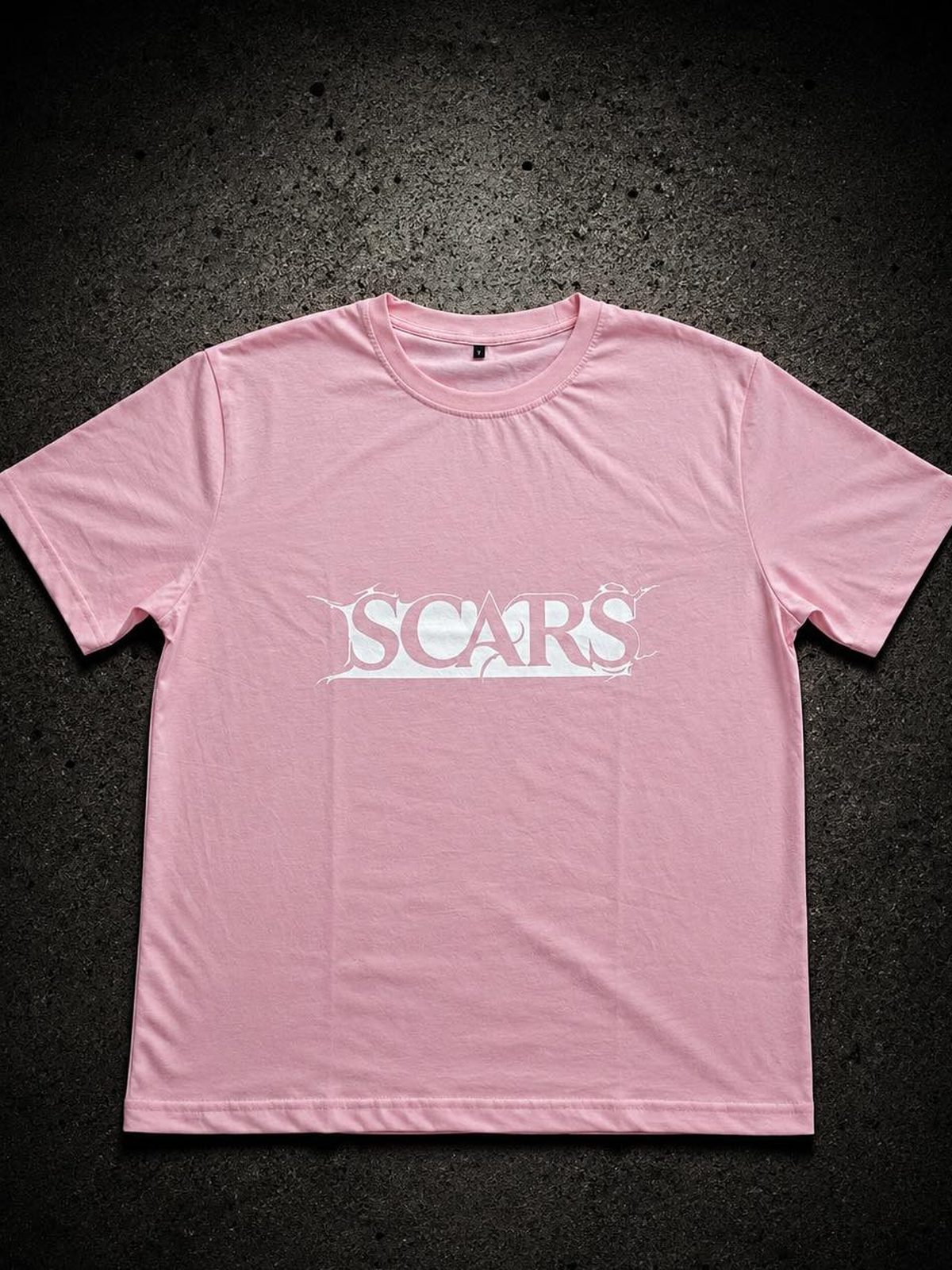 SCARS Thorn Logo Tee — pink T-shirt with white thorn wordmark, Athens streetwear