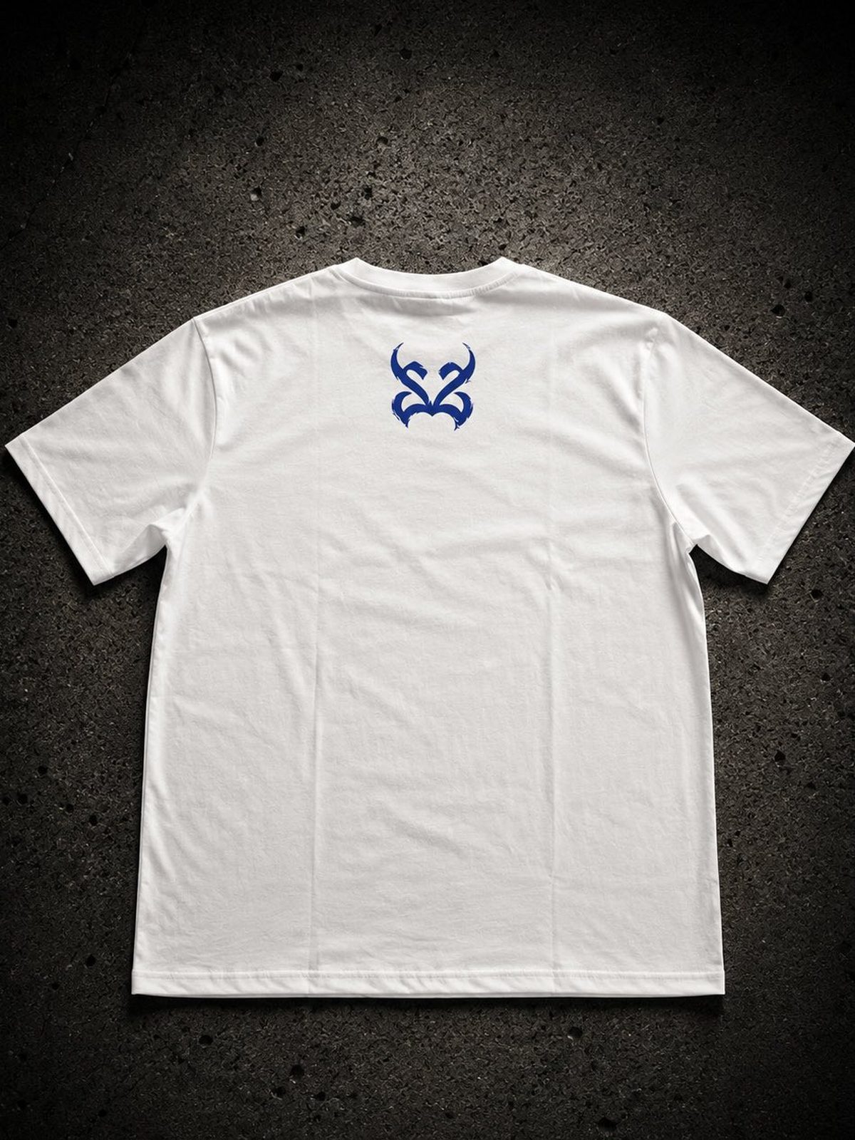SCARS Thorn Logo Tee white — back neck emblem in royal blue